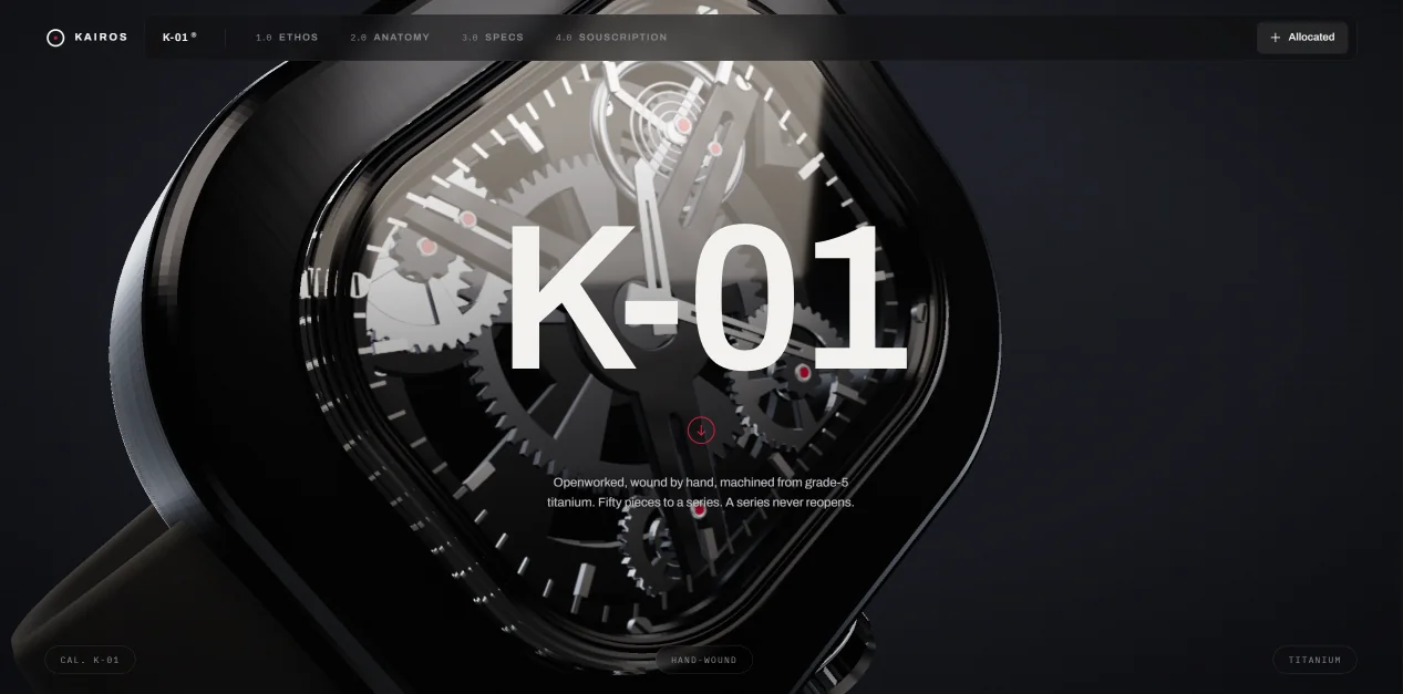 Kairos Watch website. The K-01 watch face in close-up on a dark hero.
