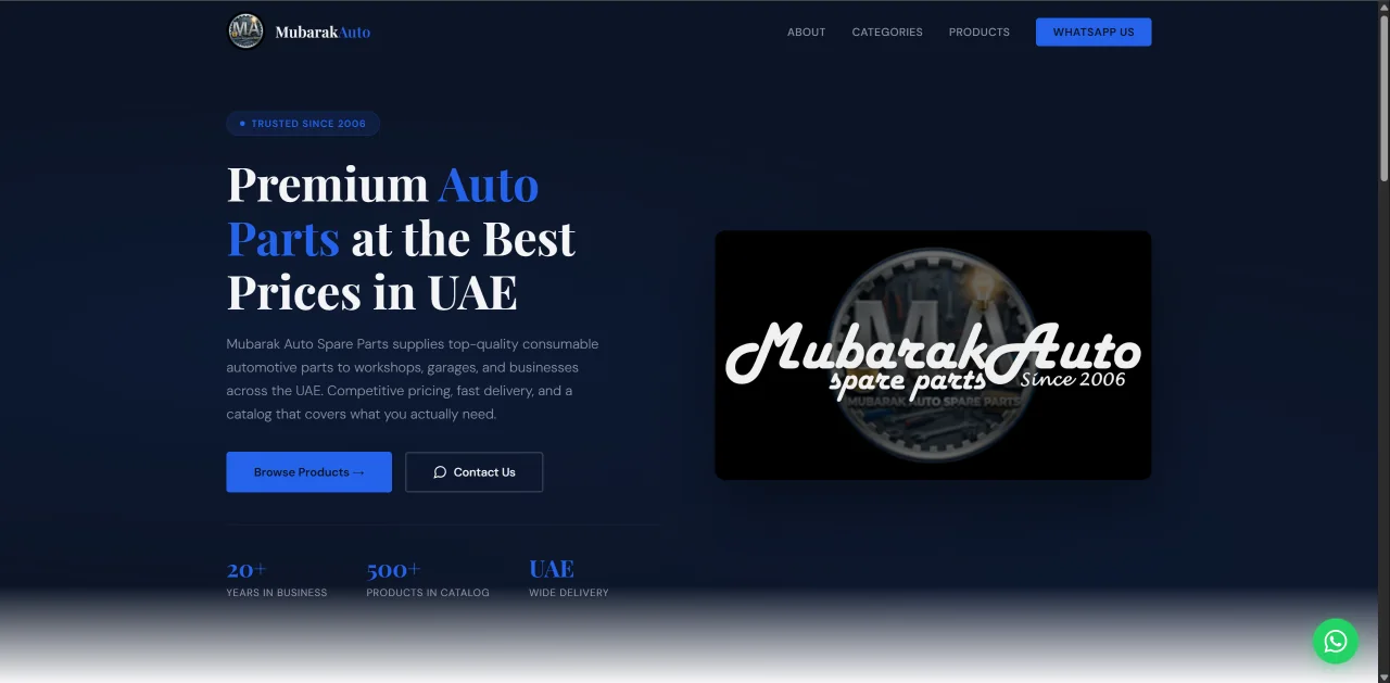 Mubarak Auto website. The hero reads 'Premium auto parts at the best prices in UAE' next to the Mubarak Auto badge.