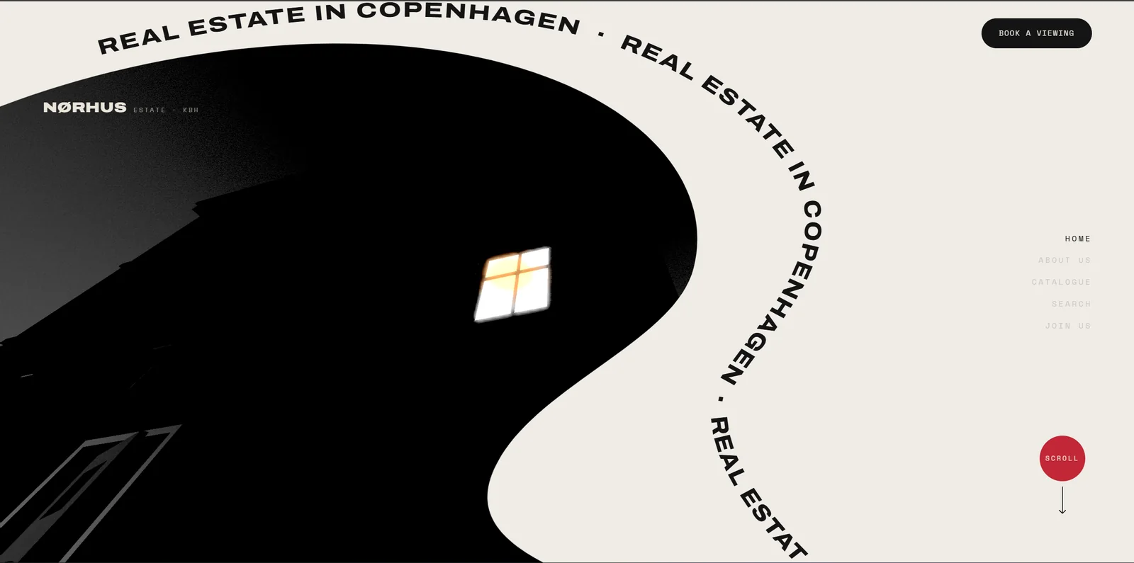 Nørhus Real Estate website. A black and cream hero with 'Real estate in Copenhagen' set along a curve.