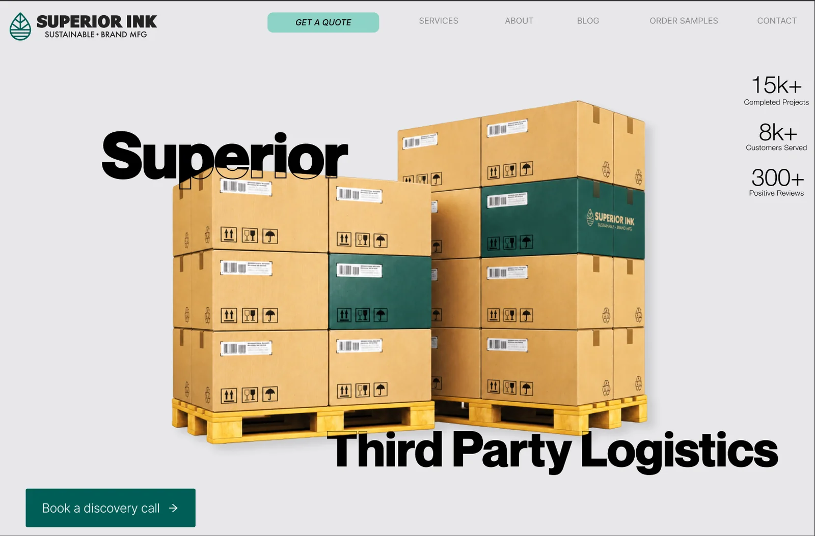 Superior Ink website. A third party logistics hero with stacked shipping cartons on a pallet.